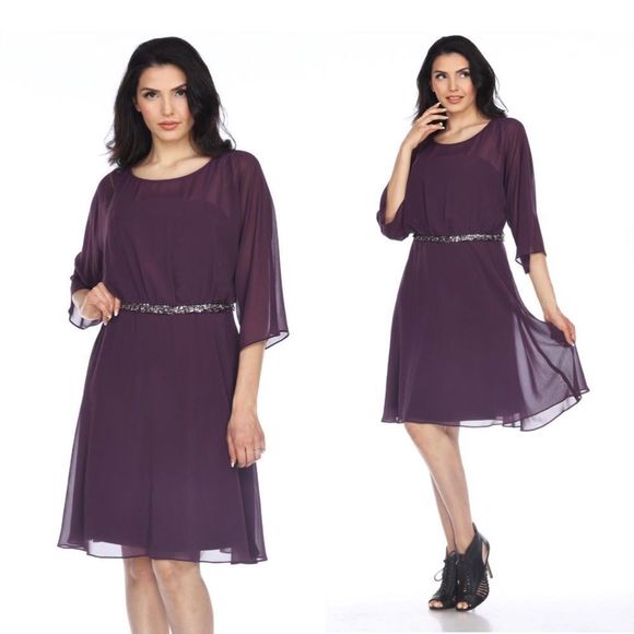 Joseph Ribkoff Amethyst Embellished Chiffon Layered A-Line Dress - Picture 12 of 13